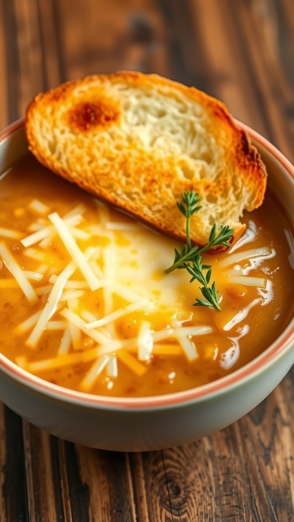 Classic French Onion Soup Recipe A bowl of French onion soup topped with melted cheese and a slice of toasted bread, garnished with thyme.